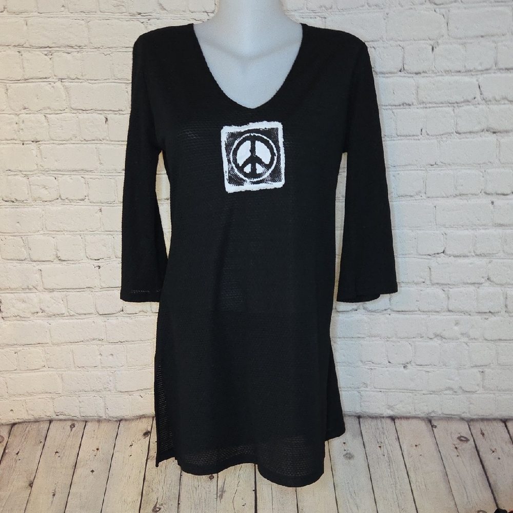 Black Women's Swim Coverup Tunic with White Peace Emblem